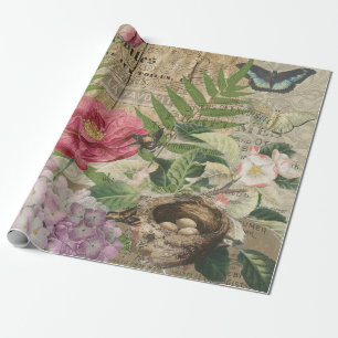 Papier Cadeau Jardin Floral de Nid d'Oiseau Fleur Papillon Art