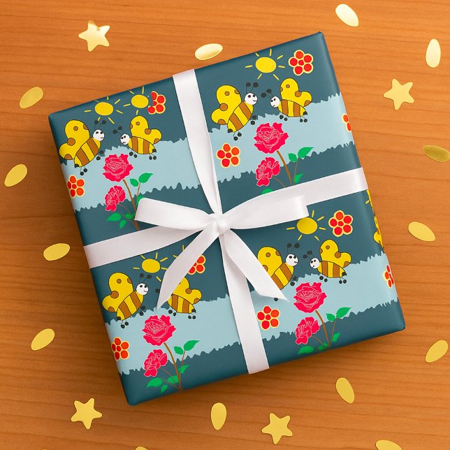 Papier Cadeau Jardin Floral Rose et abeilles (Créateur téléchargé)
