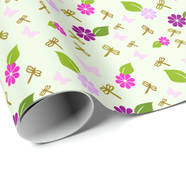 Papier Cadeau Jardin floral vert papier d'enveloppement d'annive (Coin rond)
