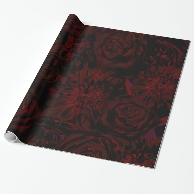 Papier Cadeau Jardin foncé Rouge Fleurs romantiques Mariage goth (Déroulé)
