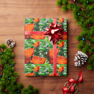 Papier Cadeau Jardin stylisé Rouge Orange Fleurs de pavot