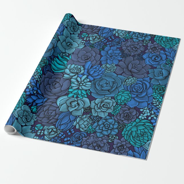 Papier Cadeau Jardin succulent en bleu (Déroulé)