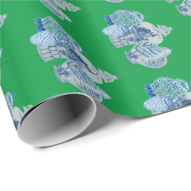 Papier Cadeau Jarres de gingembre bleu et blanc peintes à la mai (Coin rond)