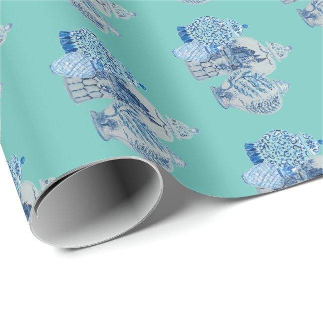 Papier Cadeau Jarres de gingembre bleu et blanc peintes à la mai (Coin rond)