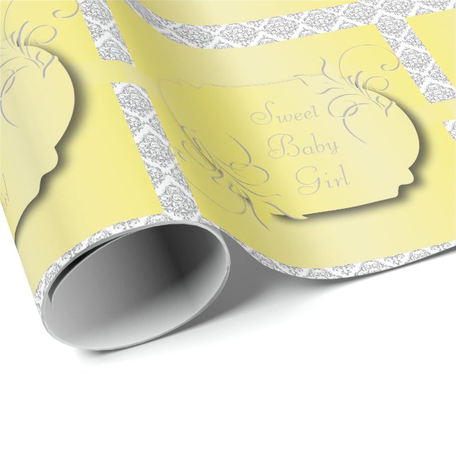Papier Cadeau Jaune avec le motif gris de damassé (Coin rond)