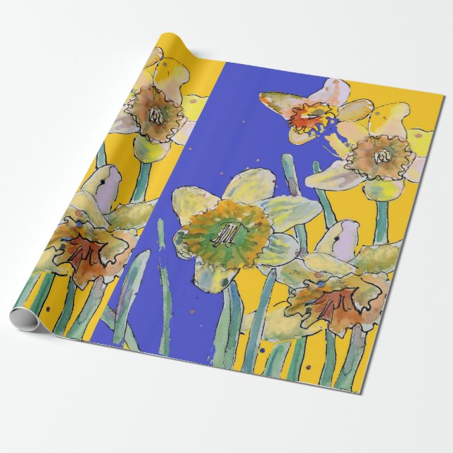 Papier Cadeau Jaune Daffodile Bleu Fleurs de printemps Aquarelle (Déroulé)