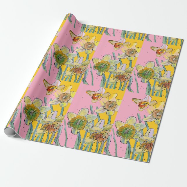 Papier Cadeau Jaune Daffodique rose Fleurs de printemps Aquarell (Déroulé)