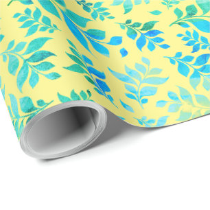 Papier Cadeau Jaune ensoleillé Aquarelle bleue verte luxuriante