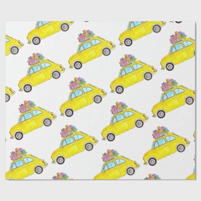 Papier Cadeau Jaune Fiat 500 cadeaux de Noël Aquarelle (Plat)
