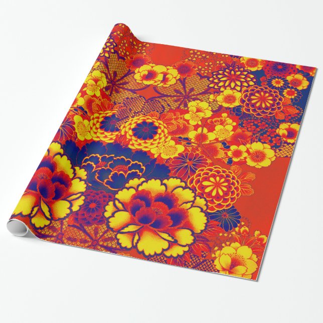 Papier Cadeau JAUNE ORANGE FLEURS Peony, Floral japonais Rose (Déroulé)