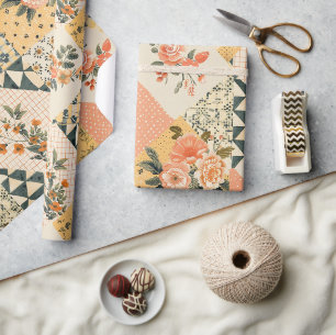 Papier Cadeau Jaune pastel pêche quilt Gingham pois