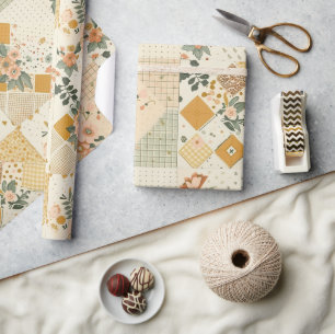 Papier Cadeau Jaune pastel pêche quilt Gingham pois