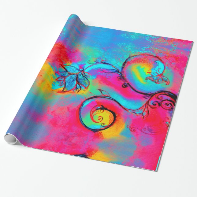 Papier Cadeau JAUNE ROSE BLEUE FLEURS BLANCHES Imaginaire Floral (Déroulé)