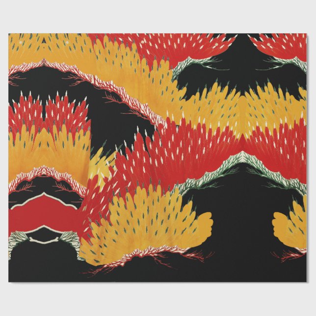 PAPIER CADEAU JAUNE ROUGE JAUNE ABSTRAIT JAPONAIS FLORAL (Plat)