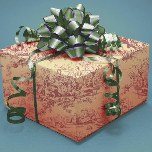 Papier Cadeau Jaune Rouge Toile de Jouy Lac Vintage