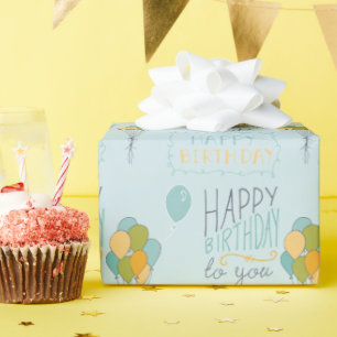 Papier Cadeau Jaune Vert Bleu Joyeux Ballons d'anniversaire