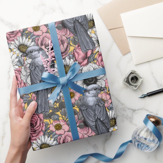 Papier Cadeau Jays gris et papier d'emballage de fleurs (Cadeaux)