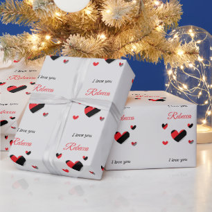Papier Cadeau Je t'aime les coeurs colorés gris