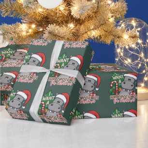 Papier Cadeau Je veux un hippopotame pour Noël Famille Hippopota