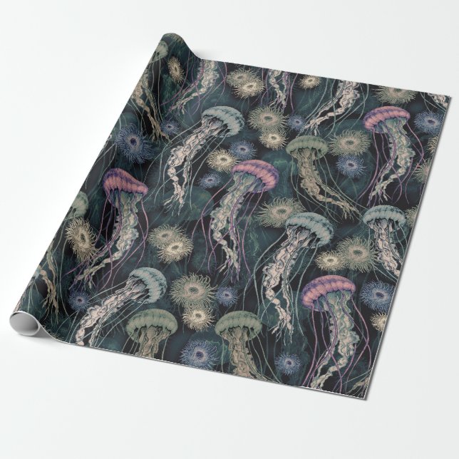 Papier Cadeau Jellyfish et anémones éthériques en Turquoise et r (Déroulé)