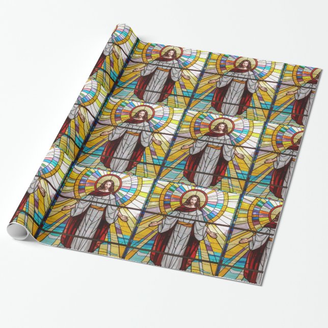 Papier Cadeau Jésus Bras Ouvert Couleur Vitrail Derrière Lui (Déroulé)