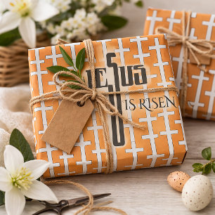 Papier Cadeau Jésus Est Ressuscité _croix orange rétro Pâques