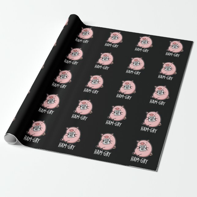 Papier Cadeau Jeu de porc animal amusant, affamé BG foncé (Déroulé)