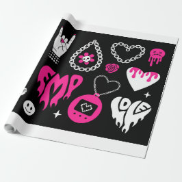 Papier Cadeau Jeu d'éléments rose glamour et noir Y2k. Papillon
