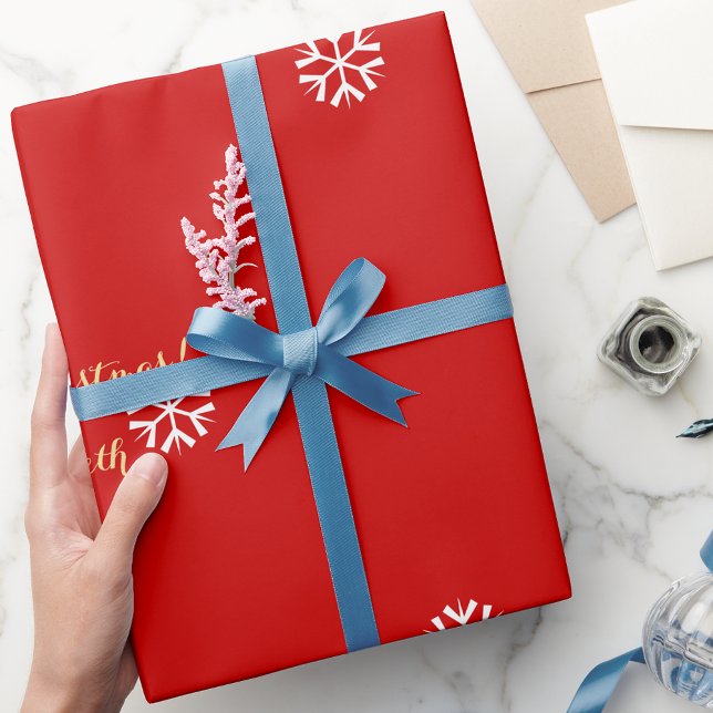 Papier Cadeau Jeu d'or Faux personnalisé Noël Flèches rouges (Custom Faux Gold Script Christmas Red Snowflakes Wrapping Paper)
