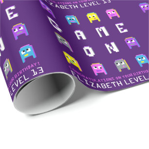 Papier Cadeau Jeu sur pixel alien joueurs violet 13e anniversair