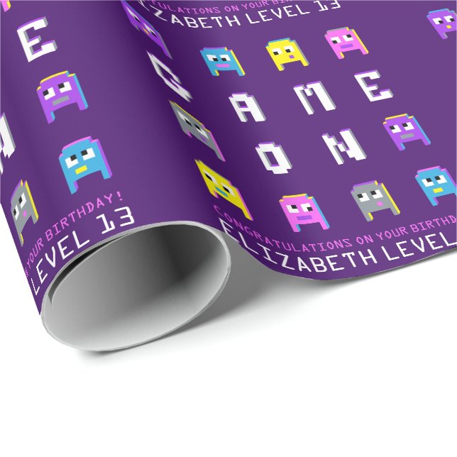 Papier Cadeau Jeu sur pixel alien joueurs violet 13e anniversair (Coin rond)