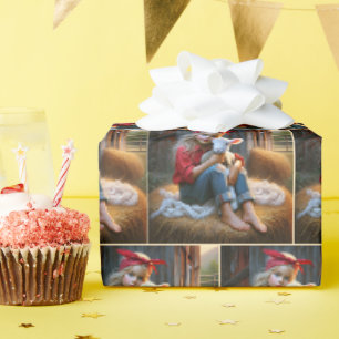 Papier Cadeau Jeune Fille Avec Agneau Nouveau-Né