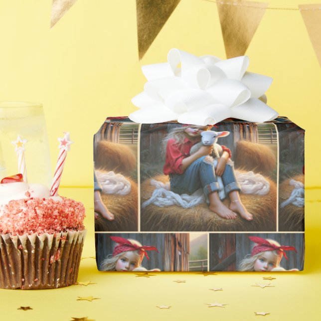 Papier Cadeau Jeune Fille Avec Agneau Nouveau-Né (Fête d'anniversaire)