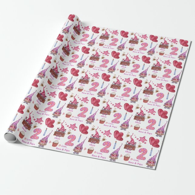 Papier Cadeau Jeune fille rose mignonne Gnome de deux ans Annive (Déroulé)