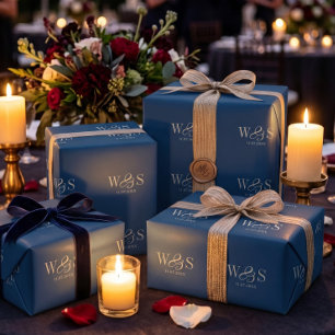 Papier Cadeau Jeunes mariés élégants bleu marine initiale