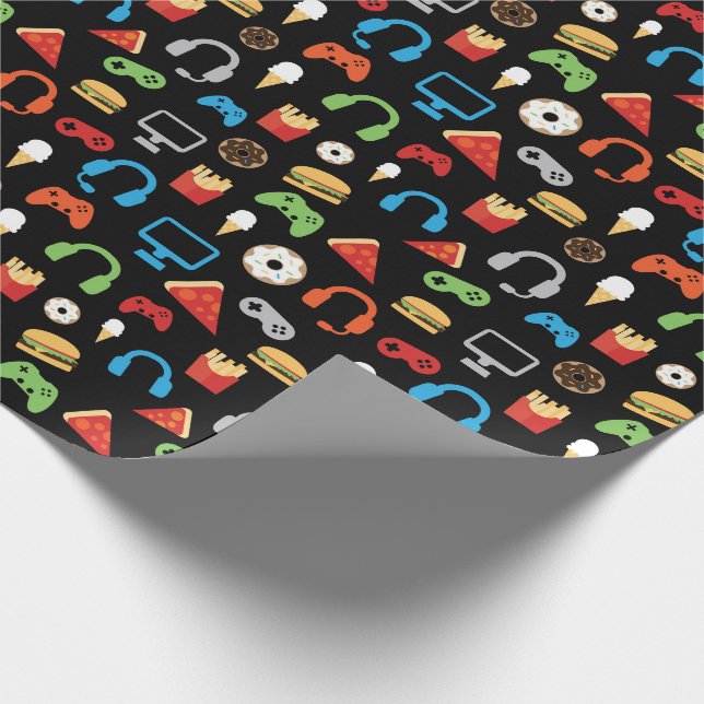Papier Cadeau Jeux Vidéo Enfants Gamer Snacks Pizza Donuts Amuse (Coin)