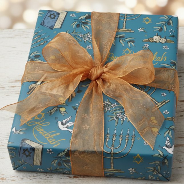 Papier Cadeau Jewish Happy Hanukkah Menorah & Olive Branches (Happy Hanukkah Wrapping Paper. Festive Jewish Menorah, Dreidel, Dove, Olive Branches, Torah Pattern)
