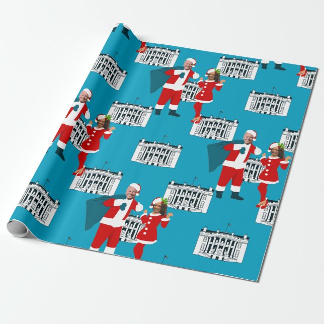 Papier Cadeau joe biden père Noël kamala harris bleu maison blan (Déroulé)
