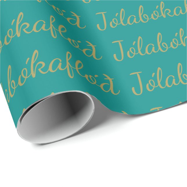 Papier Cadeau Jólabókaflóð Turquoise Livre de Noël Inondation (Coin rond)