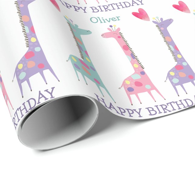Papier Cadeau Joli Anniversaire de enfant Pastel Giraffe (Coin rond)