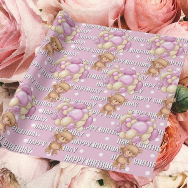 Papier Cadeau joli anniversaire rose en peluche (Transform your gifts with our enchanting teddy bear wrapping paper! )