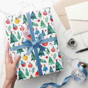 Papier Cadeau Joli Arbre De Noël Rouge Et Vert Aquarelle