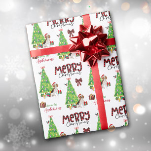 Papier Cadeau Joli Beagle, oiseau et sapin de Noël