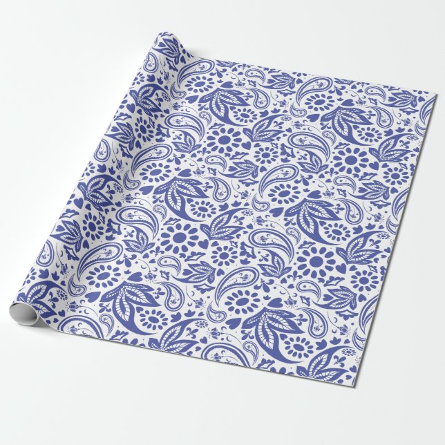 Papier Cadeau Joli bleu blanc Motif Boho Paisley (Déroulé)