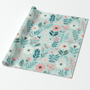 Papier Cadeau Joli bleu et rose pastel Fleurs d'Art folklorique