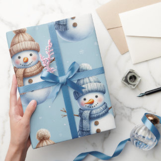 Papier Cadeau Joli Bonhomme de Neige Fond Bleu enneigé Noël