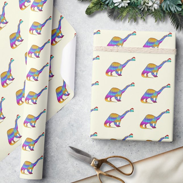 Papier Cadeau Joli Brontosaurus Dinosaur Noël (Kids cute colorful dinosaur christmas wrapping paper Festive watercolor brontosaurus santa hat dino)