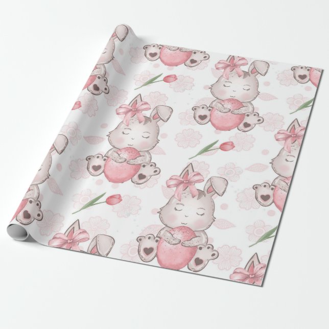 Papier Cadeau Joli Bunny Pâques Rose (Déroulé)