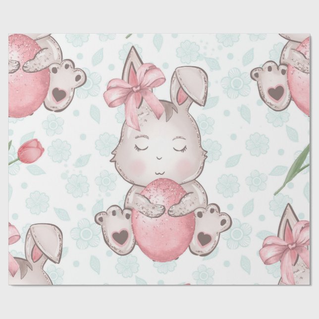 Papier Cadeau Joli Bunny Pâques Rose (Plat)