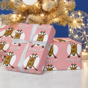 Papier Cadeau Joli Cerf Rose Noël Nom Enfant 